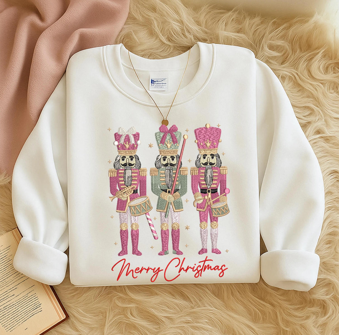 Nutcracker Embroidery Design Pink and Gold Nutcracker Trio, Merry Christmas Holiday Soldiers